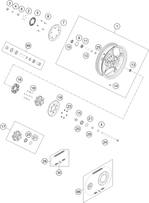 vue éclatée roue arrière - ktm ktmr2r rc 390, orange cn 2022