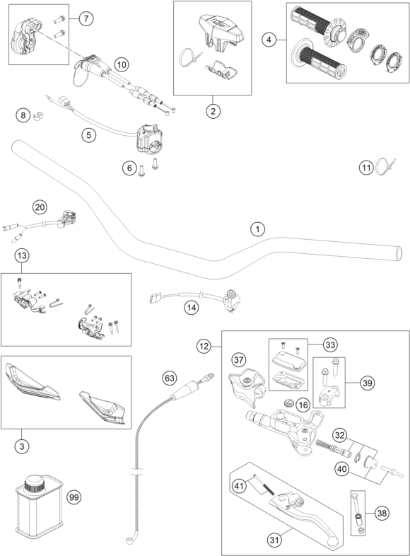vue éclatée guidon, armatures - ktm 300 exc six days tpi 2022