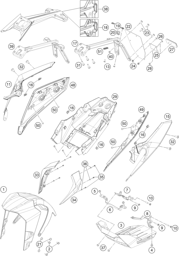 vue éclatée plaque, garde-boue - ktm 390 duke, white 2022