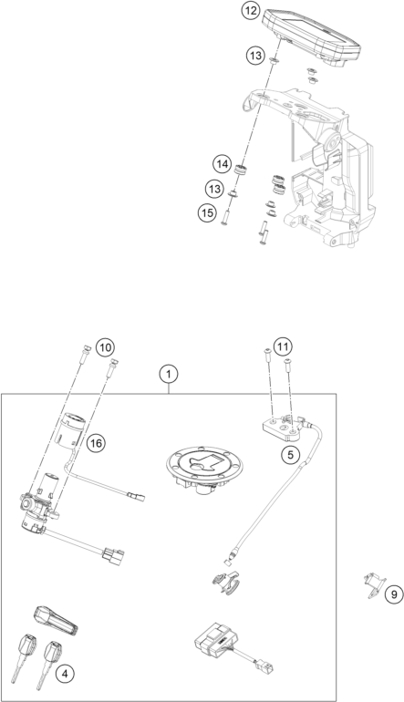 vue éclatée instruments / système de verrouillage - ktm 790 duke, orange cn 2022