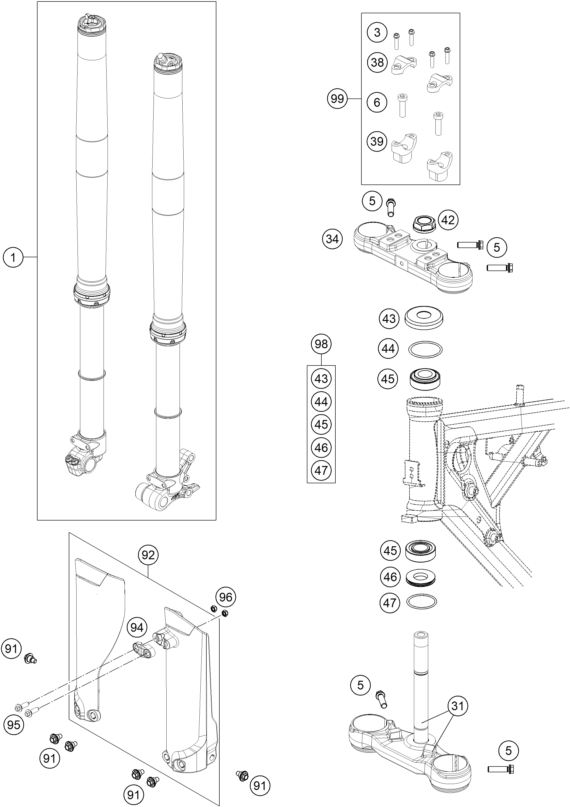 vue éclatée fourche téléscopique, té de fourche - ktm 65 sx eu 2023
