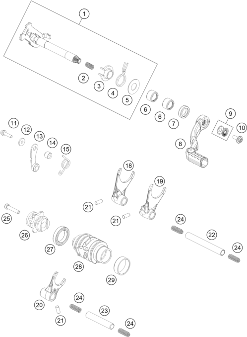 vue éclatée mécanisme de sélection - ktm 125 sx eu 2023