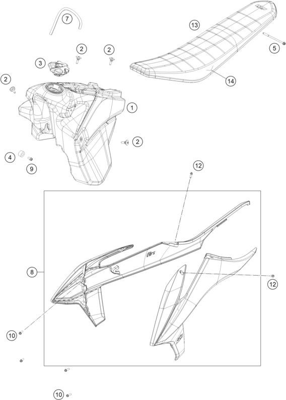 vue éclatée réservoir, selle - ktm 150 exc eu 2023