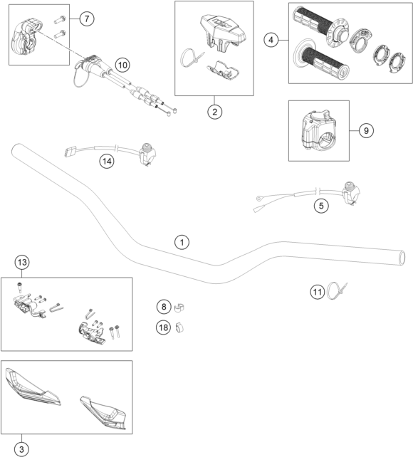 vue éclatée guidon, armatures - ktm 250 exc eu 2023