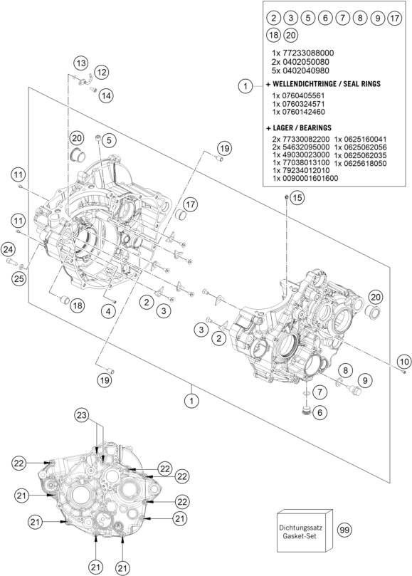 vue éclatée carter moteur - ktm 250 exc-f six days eu 2023