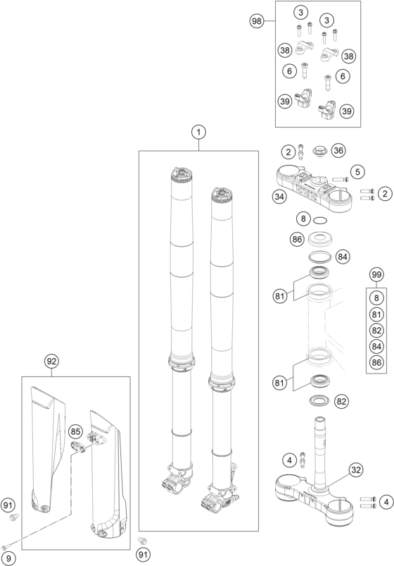 vue éclatée fourche téléscopique, té de fourche - ktm 350 exc-f six days eu 2023