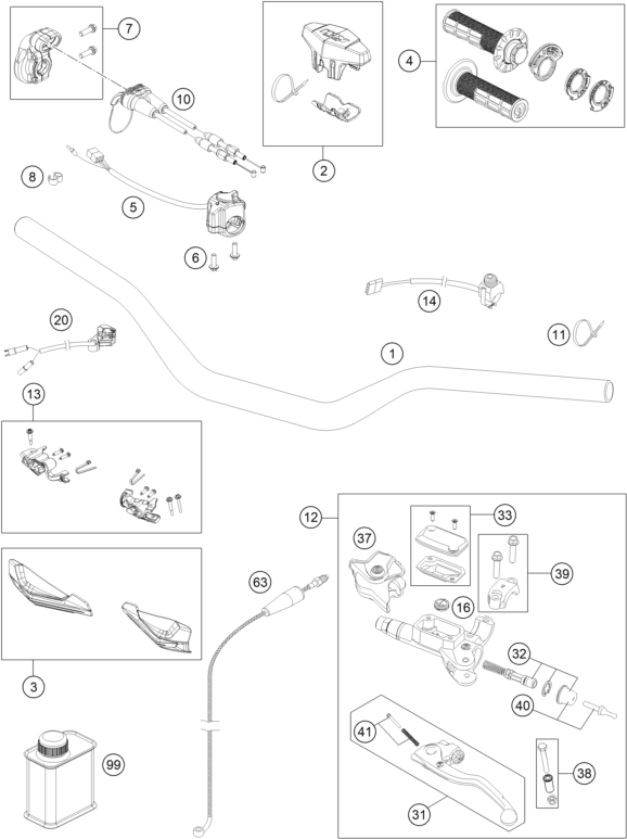 vue éclatée guidon, armatures - ktm 300 exc six days ckd cn 2023