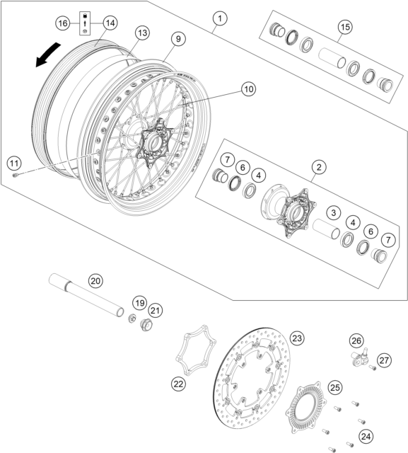 vue éclatée roue avant - ktm 690 smc r eu 2023