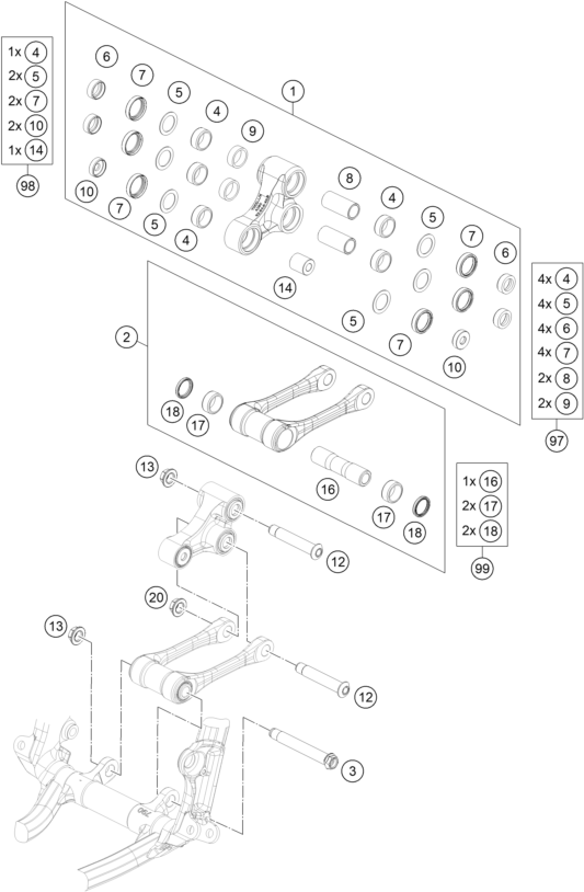 vue éclatée articulation de l'amortisseur pro lever - ktm 450 smr eu 2023