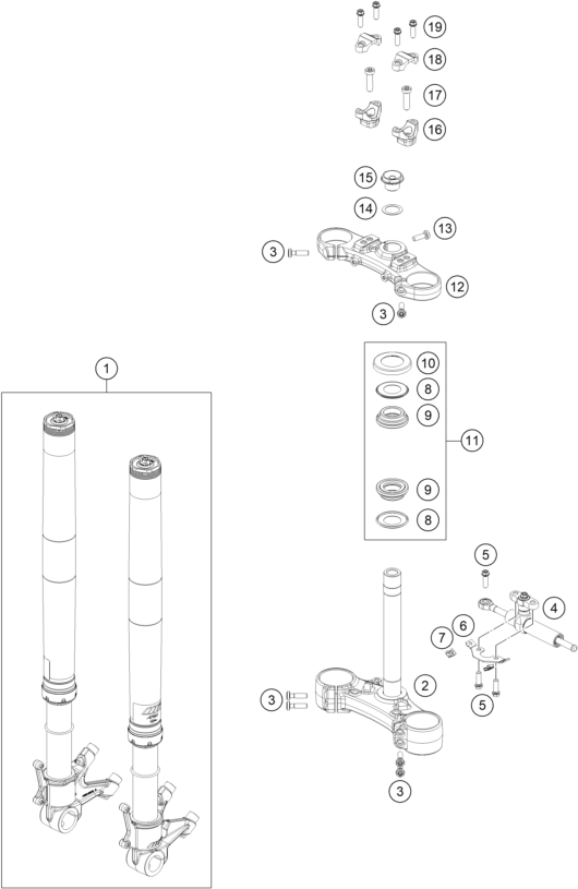 vue éclatée fourche téléscopique, té de fourche - ktm 890 duke r ckd cn 2023