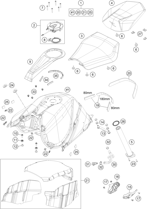 vue éclatée réservoir, selle - ktm ktmr2r 1290 super duke r, orange cn 2023