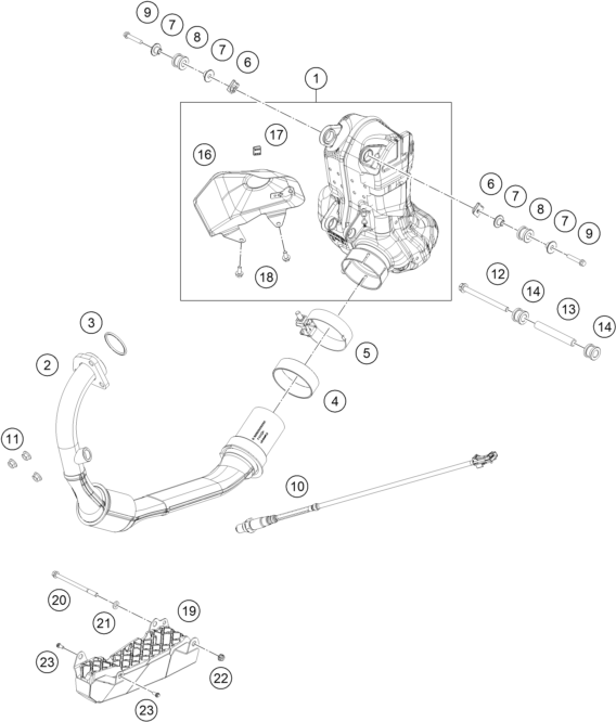 vue éclatée système d'echappement - ktm rc 200, gp orange 2023