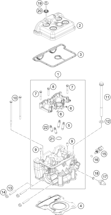 vue éclatée culasse - ktm rc 200, gp orange 2023