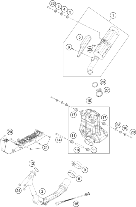 vue éclatée système d'echappement - ktm 390 duke, black eu 2023