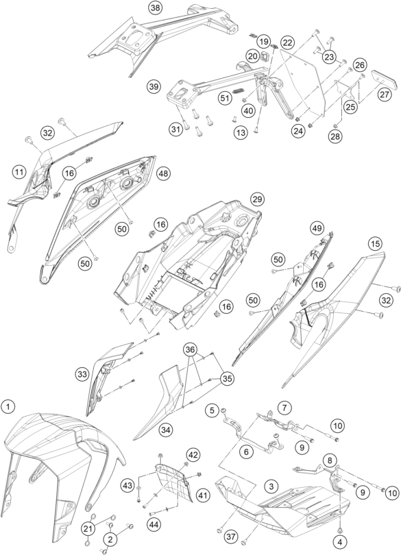 vue éclatée plaque, garde-boue - ktm 390 duke, black - ckd ph 2023