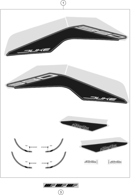 vue éclatée kit déco - ktm ktmr2r 390 duke, black, w/o drl cn 2023
