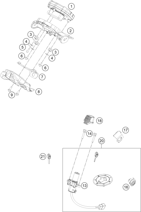 vue éclatée instruments / système de verrouillage - ktm 250 duke, black - b.d. eu 2023