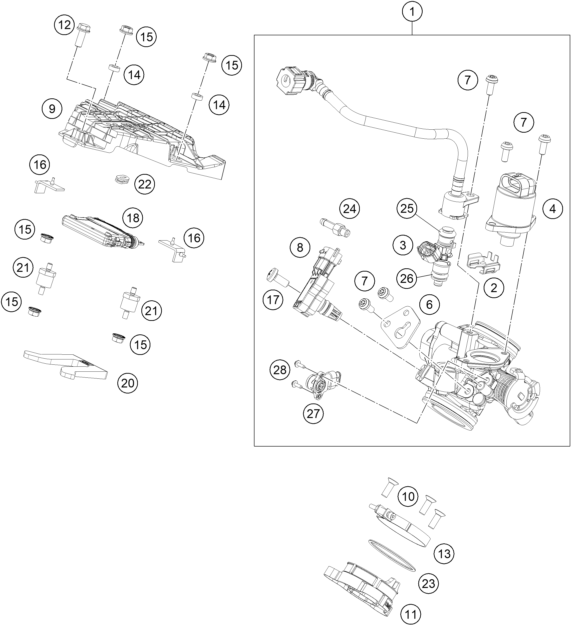 vue éclatée corps du clapet d'étranglement - ktm 250 duke, black - b.d. eu 2023
