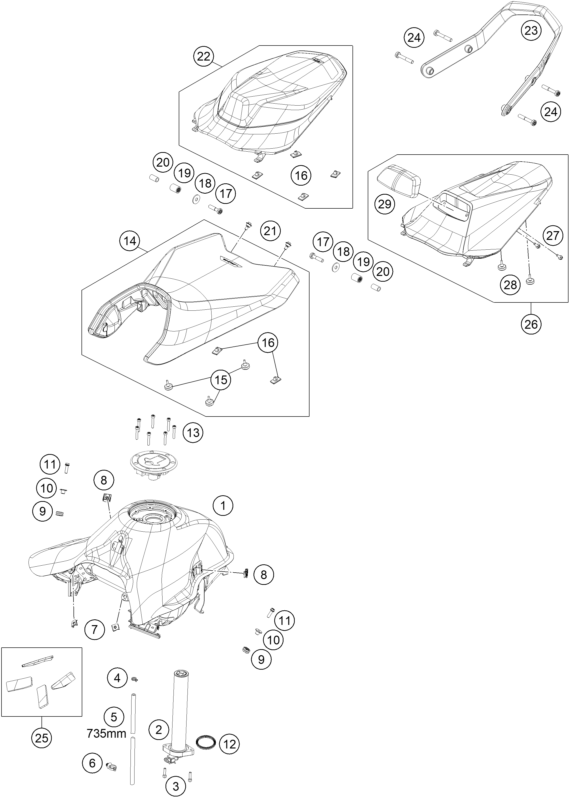 vue éclatée réservoir, selle - ktm 890 duke gp, orange eu 2023