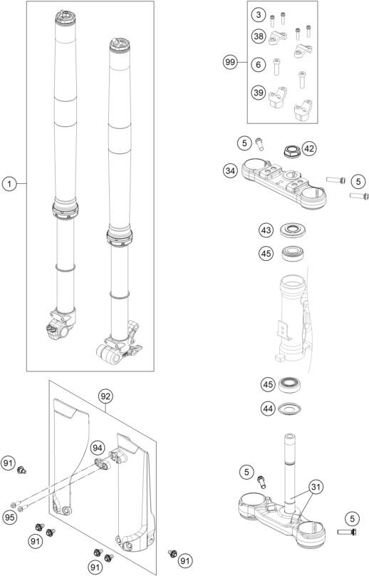 vue éclatée fourche téléscopique, té de fourche - ktm 65 sx 2024