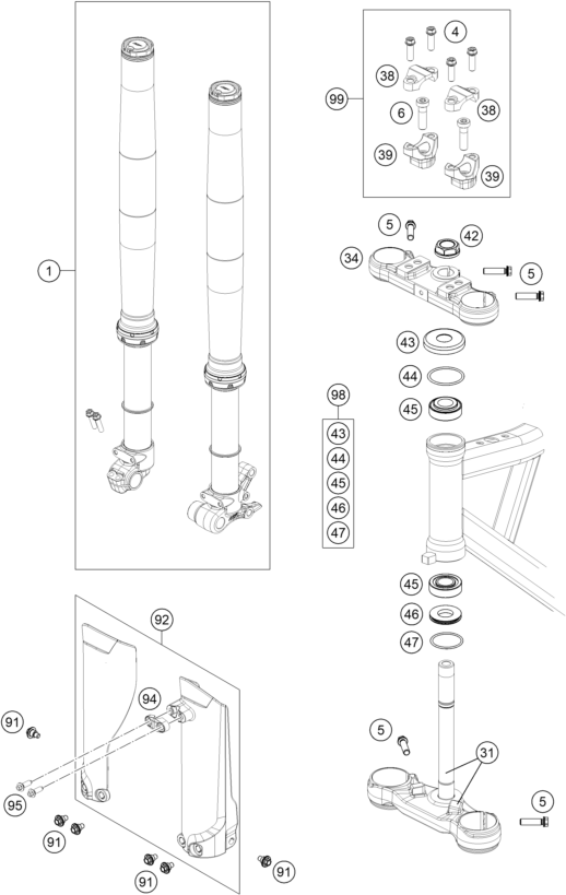 vue éclatée fourche téléscopique, té de fourche - ktm sx-e 3 eu 2024