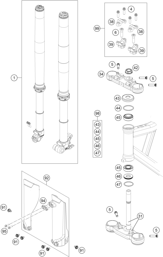 vue éclatée fourche téléscopique, té de fourche - ktm sx-e 5 eu 2024