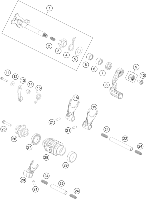 vue éclatée mécanisme de sélection - ktm 150 exc eu 2024