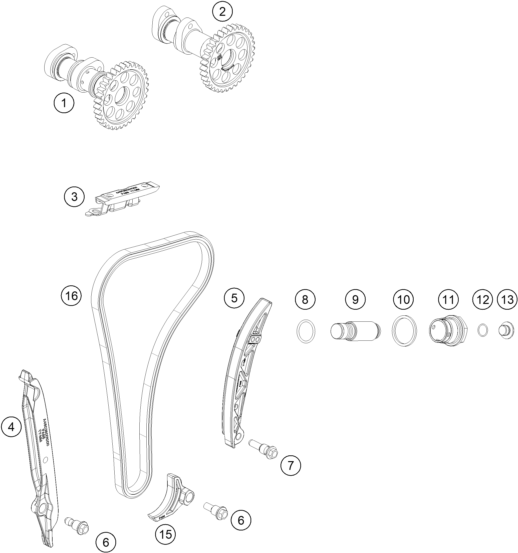 vue éclatée commande de distribution - ktm 250 exc-f eu 2024
