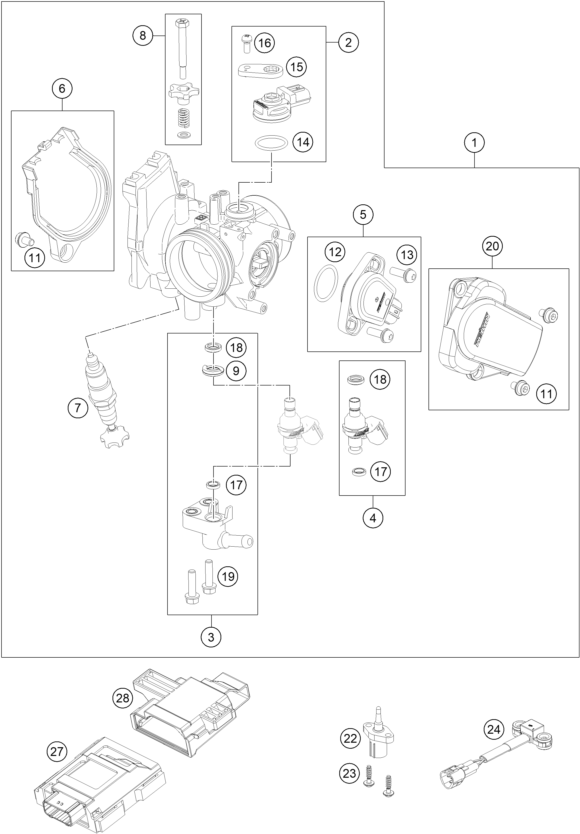 vue éclatée corps du clapet d'étranglement - ktm 250 exc-f eu 2024