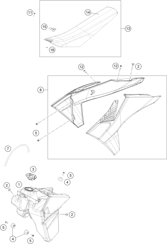 vue éclatée réservoir, selle - ktm 450 exc-f six days eu 2024