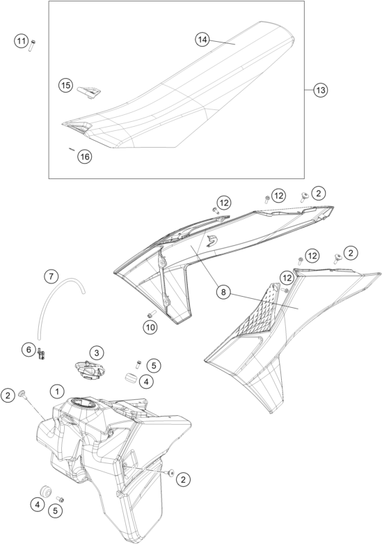 vue éclatée réservoir, selle - ktm 300 exc hardenduro eu 2024