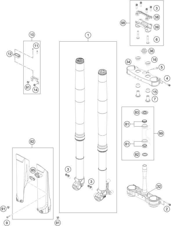 vue éclatée fourche téléscopique, té de fourche - ktm 450 smr eu 2024