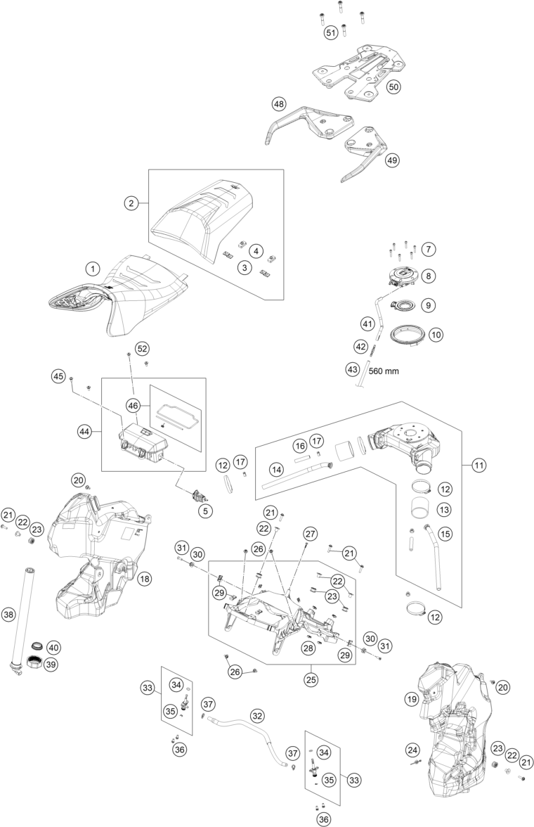 vue éclatée réservoir, selle - ktm 1290 super adventure s, grey eu 2024