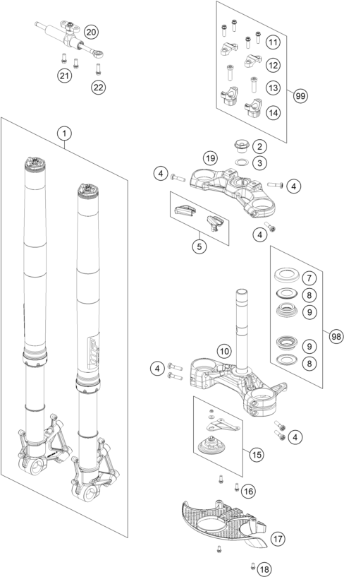 vue éclatée fourche téléscopique, té de fourche - ktm 1290 super adventure r ot eu 2024