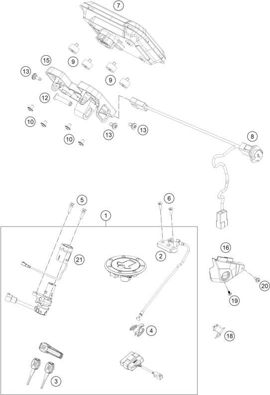 vue éclatée instruments / système de verrouillage - ktm 890 adventure, black eu 2024