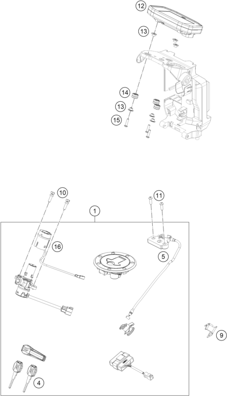 vue éclatée instruments / système de verrouillage - ktm 790 duke l, grey eu 2024