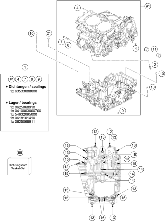 vue éclatée carter moteur - ktm 990 duke, black eu 2024