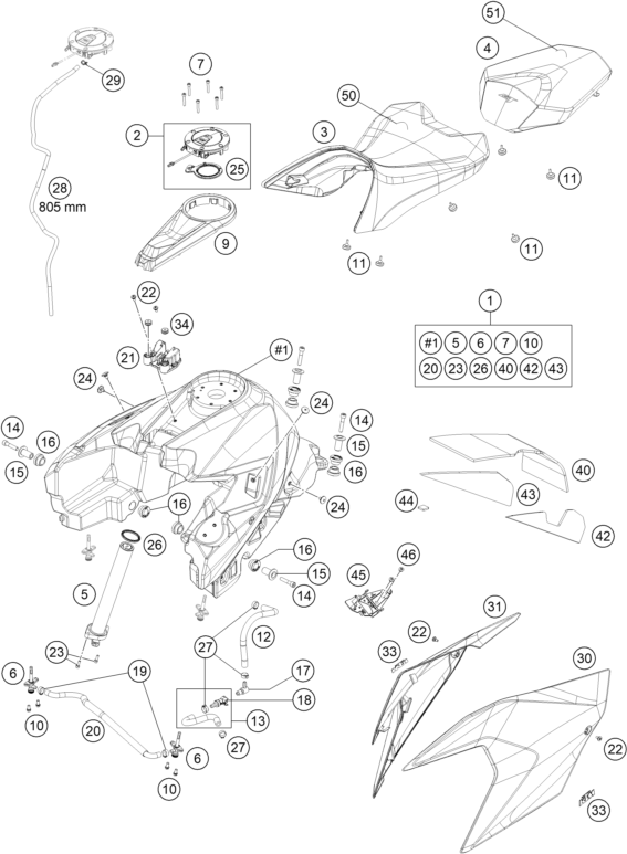 vue éclatée réservoir, selle - ktm 1290 super duke gt, orange eu 2024