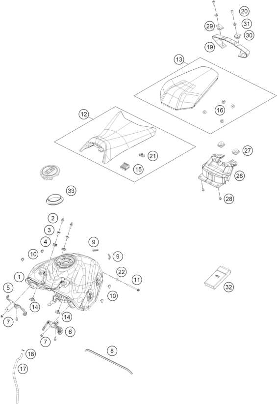 vue éclatée réservoir, selle - ktm 125 duke, blue eu 2024