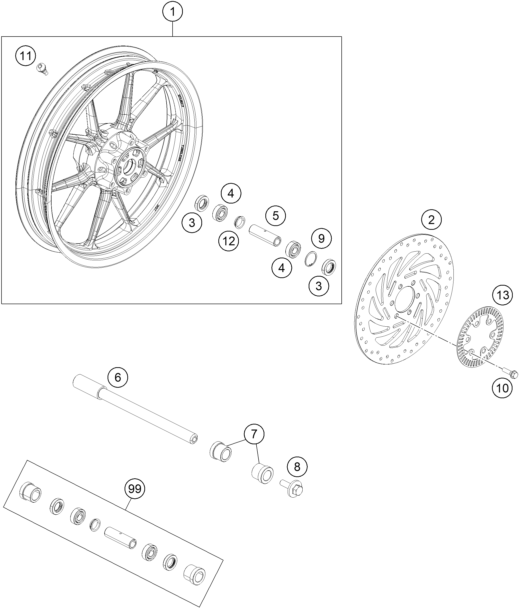 vue éclatée roue avant - ktm 200 duke, grey, abs-ckd ph 2024