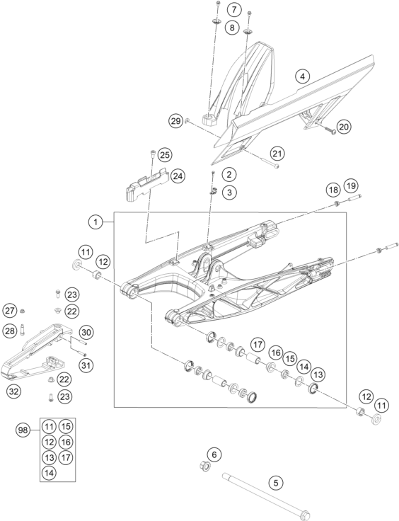 vue éclatée bras oscillant - ktm 200 duke, orange, w/o abs - ckd co 2024