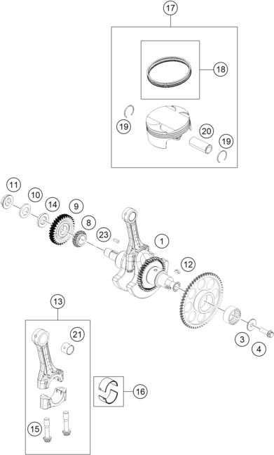 vue éclatée vilebrequin, piston - ktm 250 duke, orange ckd ph 2024