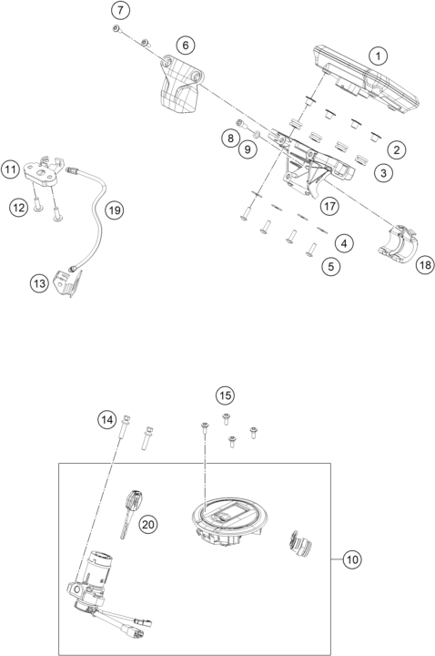 vue éclatée instruments / système de verrouillage - ktm 250 duke, white ckd ph 2024