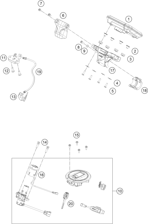 vue éclatée instruments / système de verrouillage - ktm 390 duke, orange eu 2024