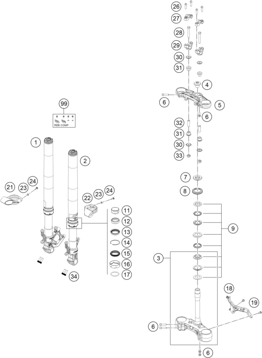 vue éclatée fourche téléscopique, té de fourche - ktm 390 duke, blue eu 2024
