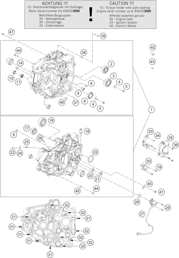 vue éclatée carter moteur - ktm 390 duke, blue 2024