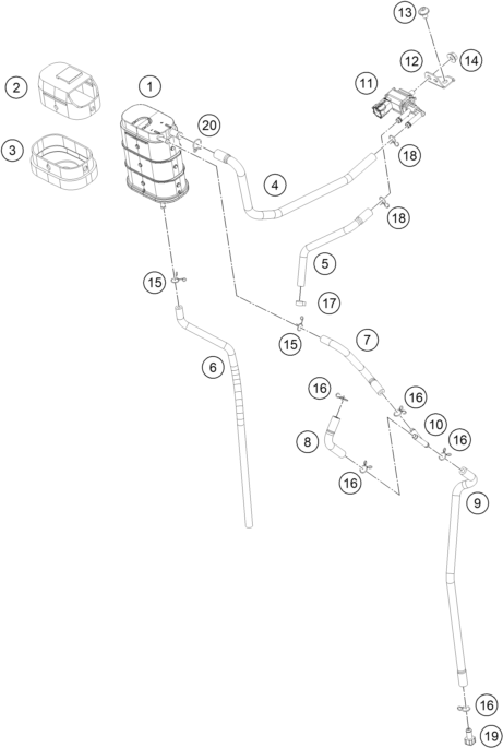 vue éclatée filtre à charbon actif - ktm 390 duke, orange - ckd co 2024