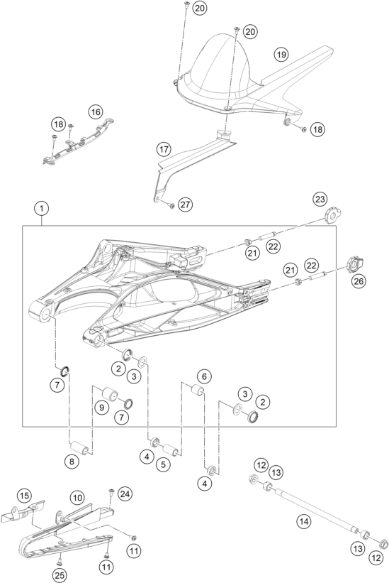 vue éclatée bras oscillant - ktm 390 duke, blue - ckd ph 2024