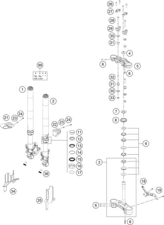 vue éclatée fourche téléscopique, té de fourche - ktm 390 duke, blue - ckd co 2024