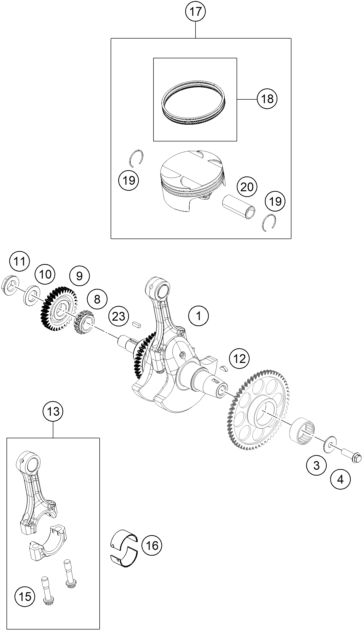 vue éclatée vilebrequin, piston - ktm 390 duke, blue - ckd co 2024